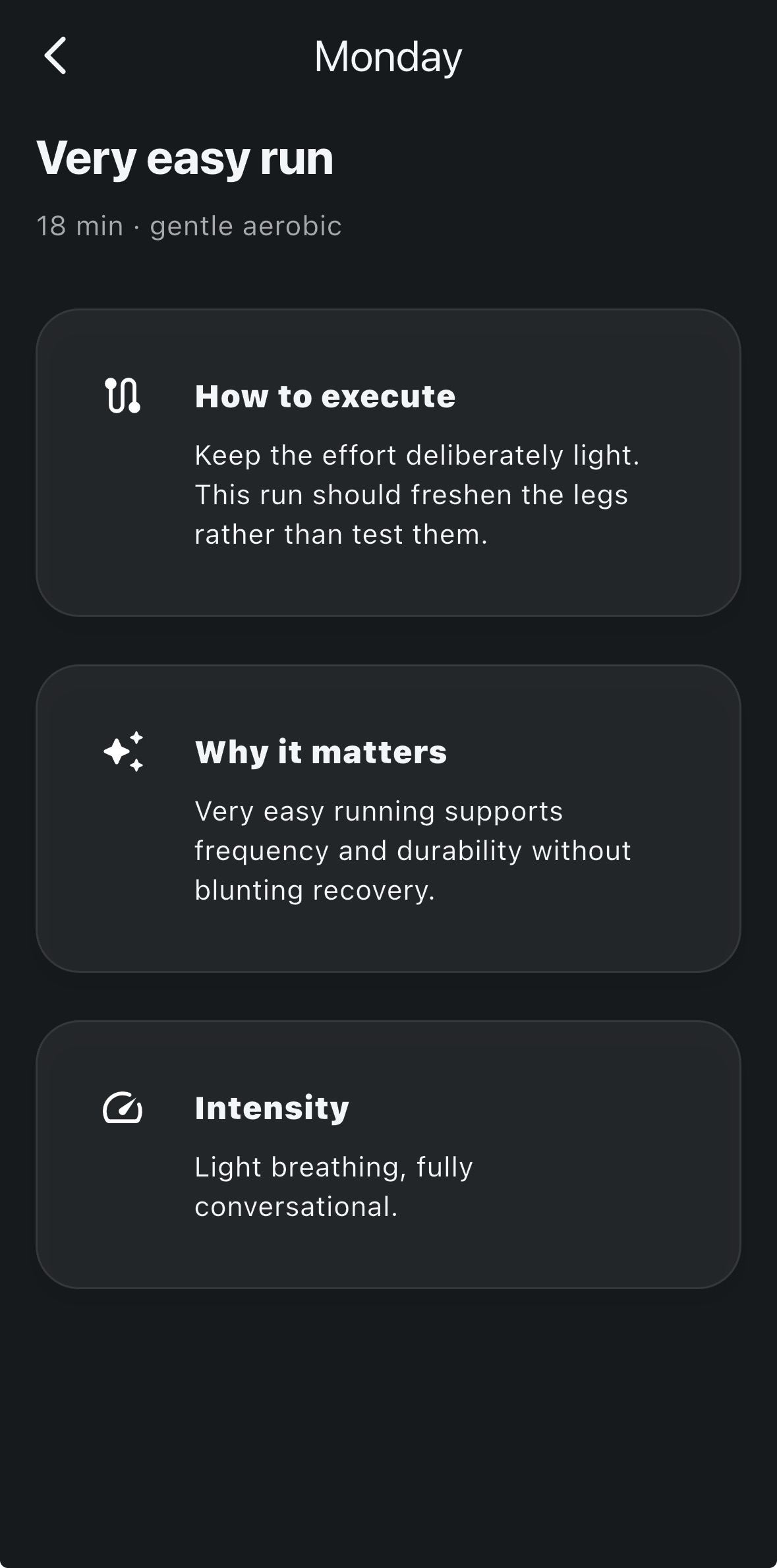 STED session details explaining how to execute a very easy run, why it matters, and its intended intensity